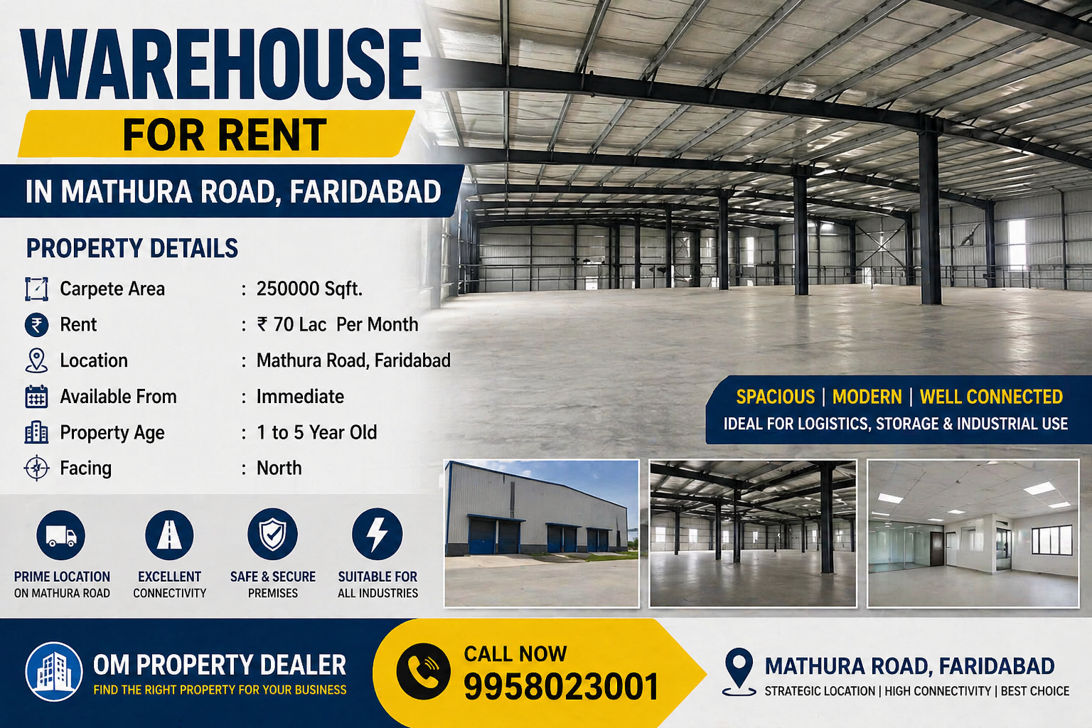 Warehouse for rent in Mathura Road Faridabad